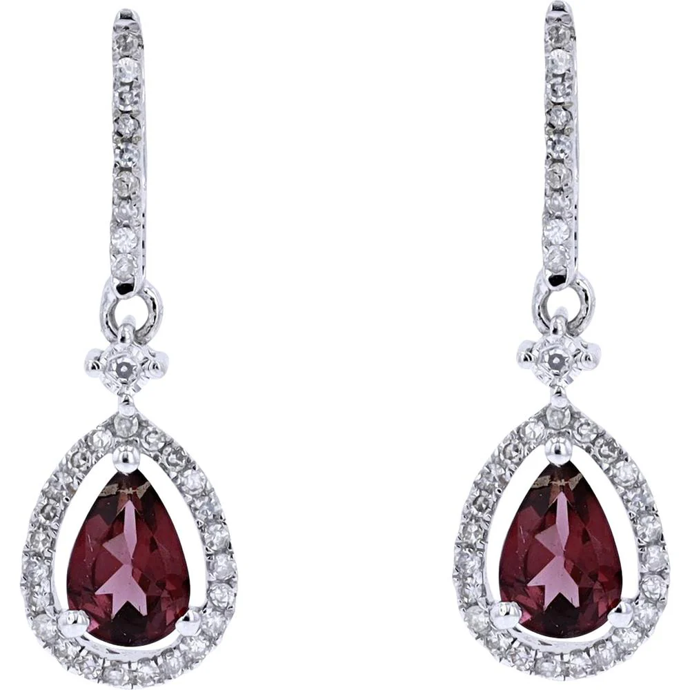 14K White Gold Pear Cut Rhodolite Garnet Drop Earrings with Diamond Halo - 0.20 Carat Total Diamond Weight
