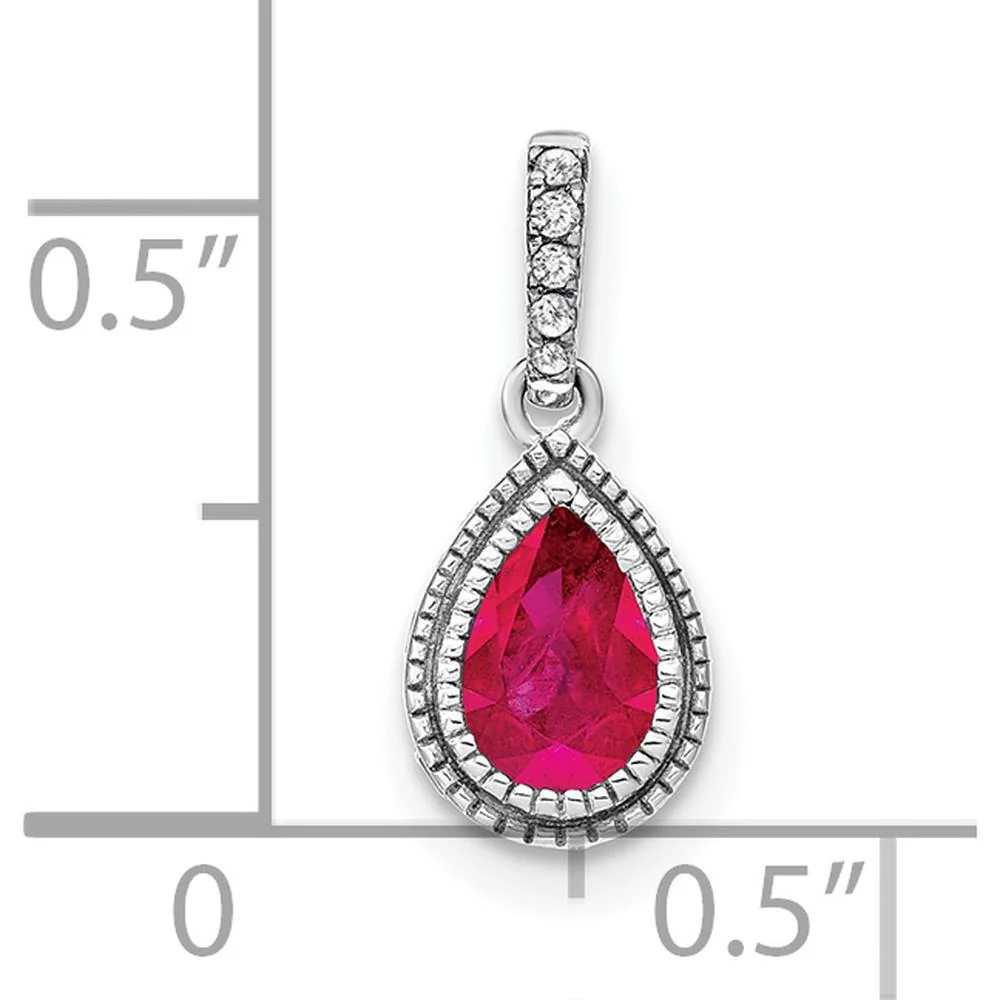14K White Gold Pear Ruby and Diamond Pendant with Beaded Detail - 0.29 Carat Ruby, 0.06 Carat Total Diamond Weight by Lumare Gioia - Image 3