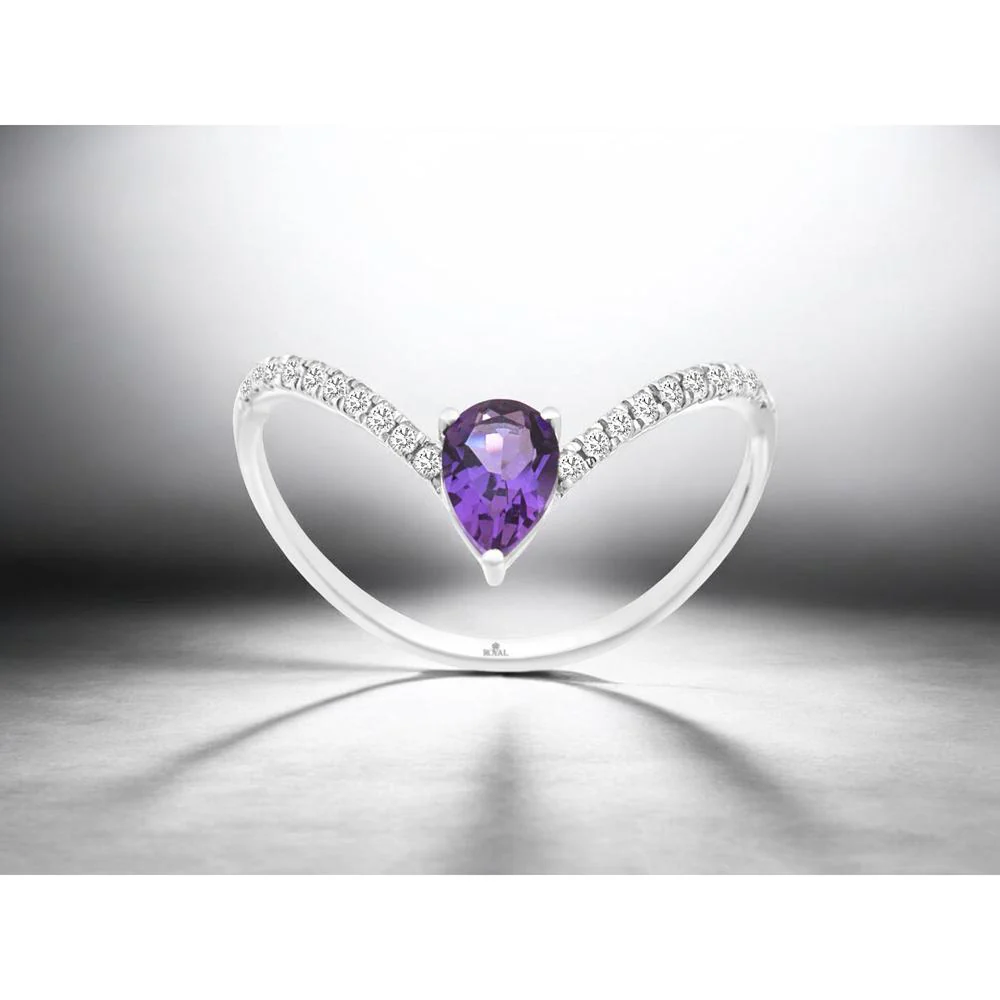 14K White Gold Pear Shape Amethyst Ring with Round Diamond Accents - 0.35 Carat Amethyst and 0.14 Carat Total Diamond Weight - Royal Jewelry - Image 2
