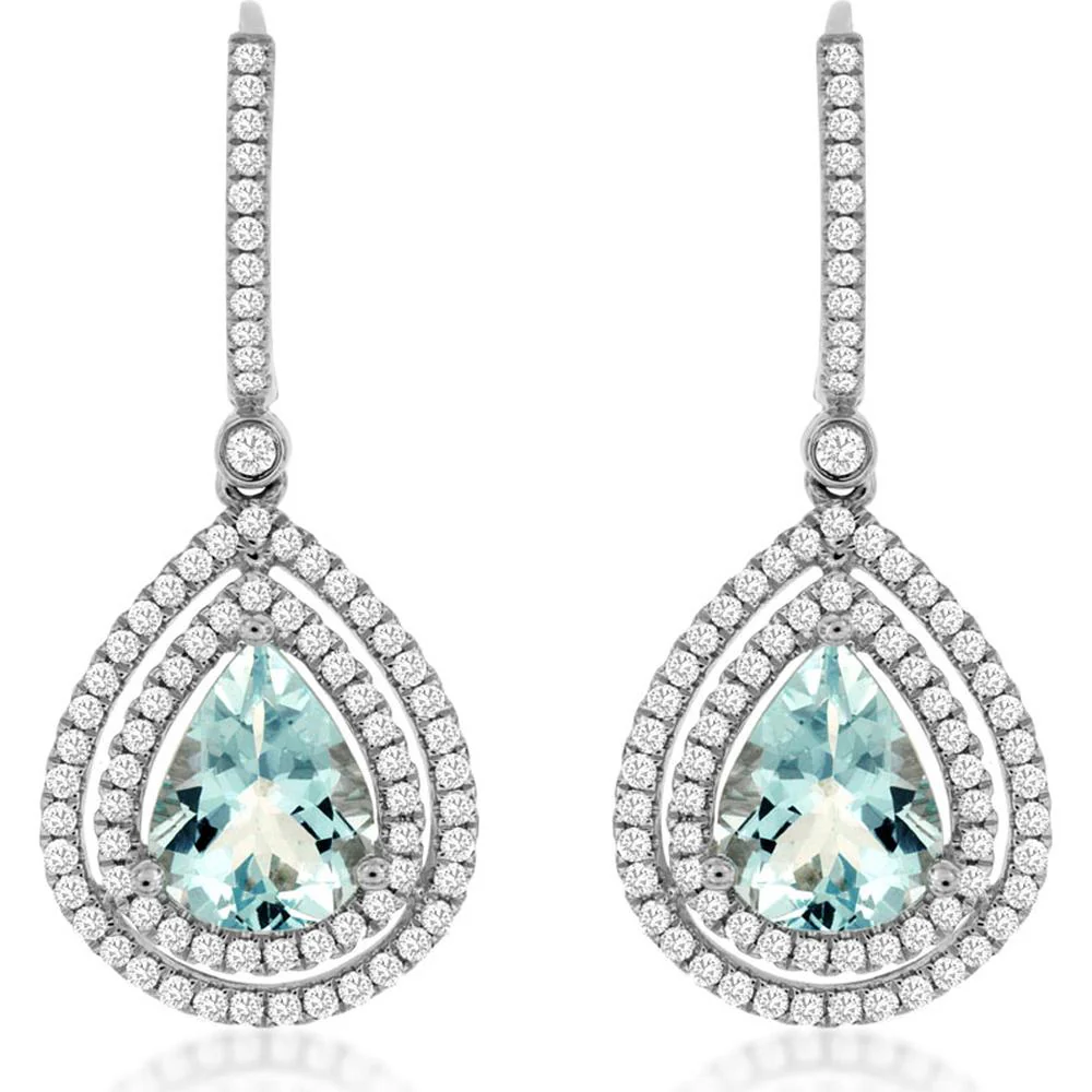 14K White Gold Pear Shape Aquamarine and Diamond Double Halo Drop Earrings - 2.60 Carat Total Aquamarine Weight, 0.85 Carat Total Diamond Weight - Royal Jewelry