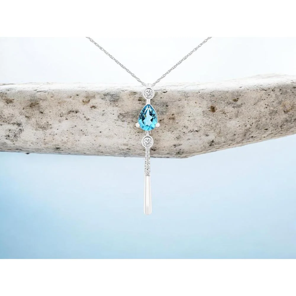 14K White Gold Pear Shape Blue Topaz and Diamond Drop Pendant with 0.80 Carat Blue Topaz and 0.14 Carat Total Diamond Weight - Royal Jewelry - Image 2