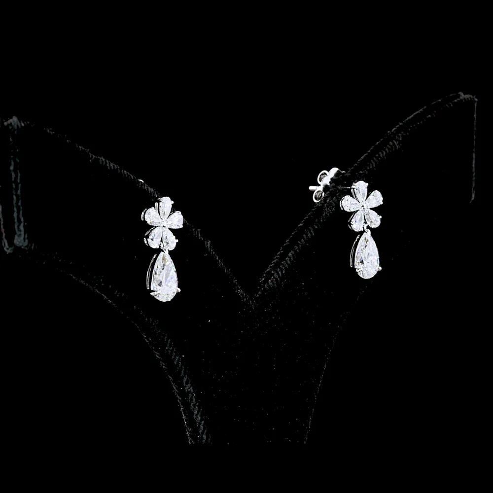 14K White Gold Pear Shape Dangle Earrings with Lab-Grown Diamond Floral Cluster and Drops - 1.96 Carats Total Diamond Weight - Covaloro Fine Jewelry