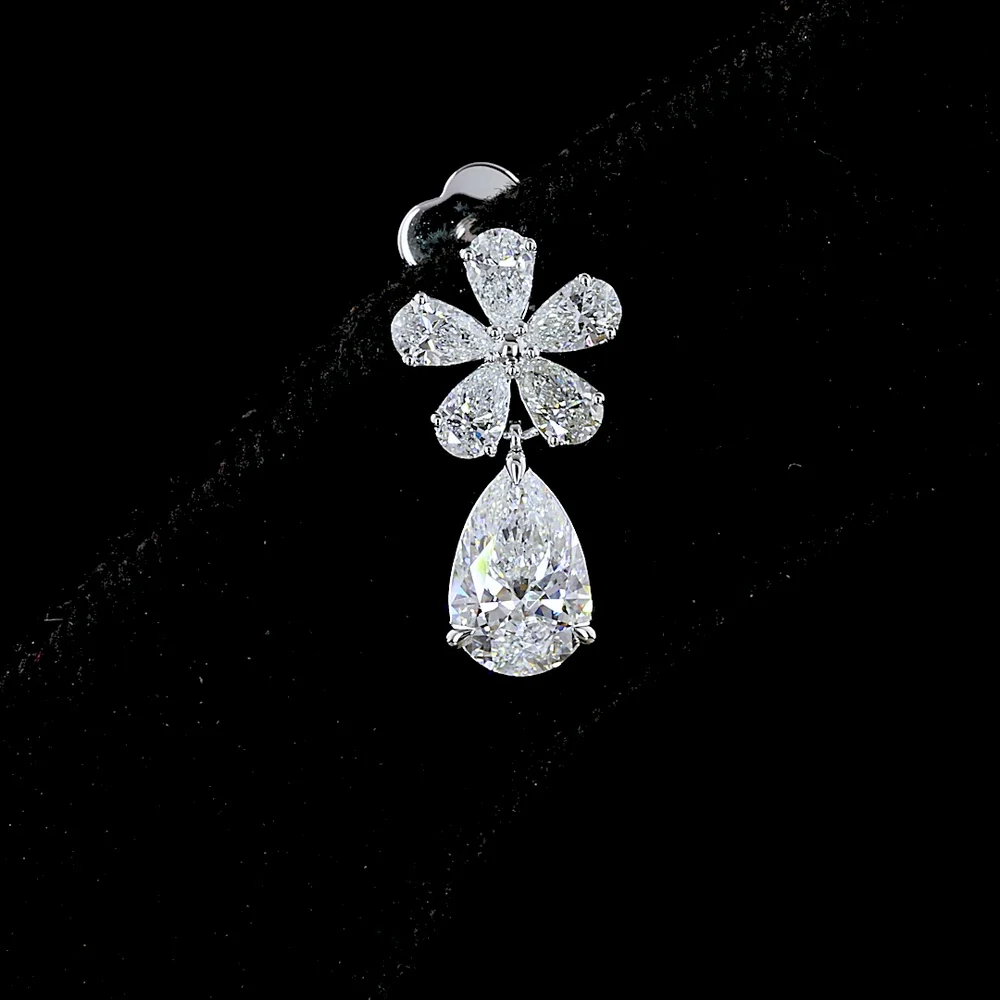 14K White Gold Pear Shape Dangle Earrings with Lab-Grown Diamond Floral Cluster and Drops - 1.96 Carats Total Diamond Weight - Covaloro Fine Jewelry - Image 4