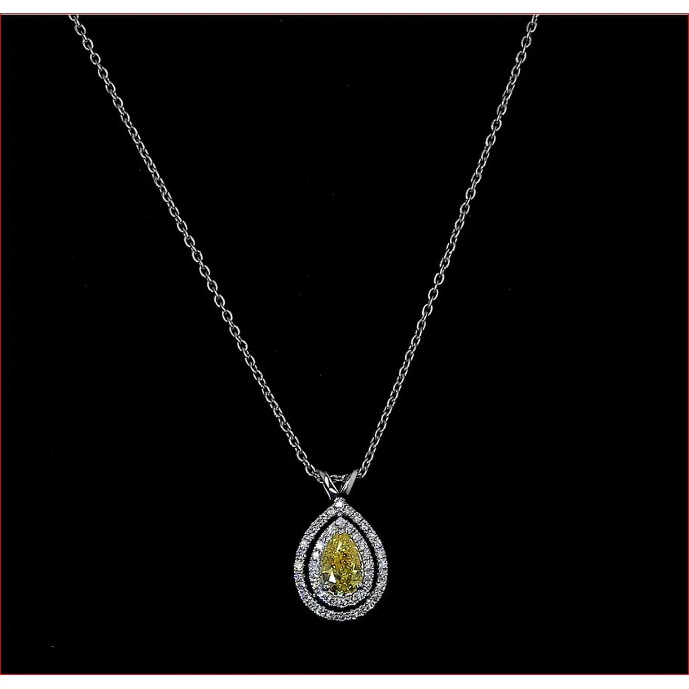 14K White Gold Pear Shape Double Halo Pendant with East-West Set 0.52 Carats Fancy Vivid Yellow Lab Diamond and 0.25 Carats White Diamond Accents - 0.77 Total Carat Weight - Covaloro Fine Jewelry