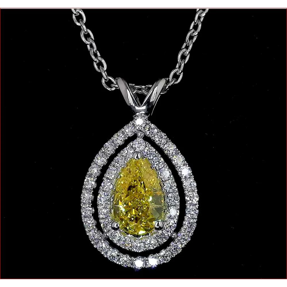 14K White Gold Pear Shape Double Halo Pendant with East-West Set 0.52 Carats Fancy Vivid Yellow Lab Diamond and 0.25 Carats White Diamond Accents - 0.77 Total Carat Weight - Covaloro Fine Jewelry - Image 2