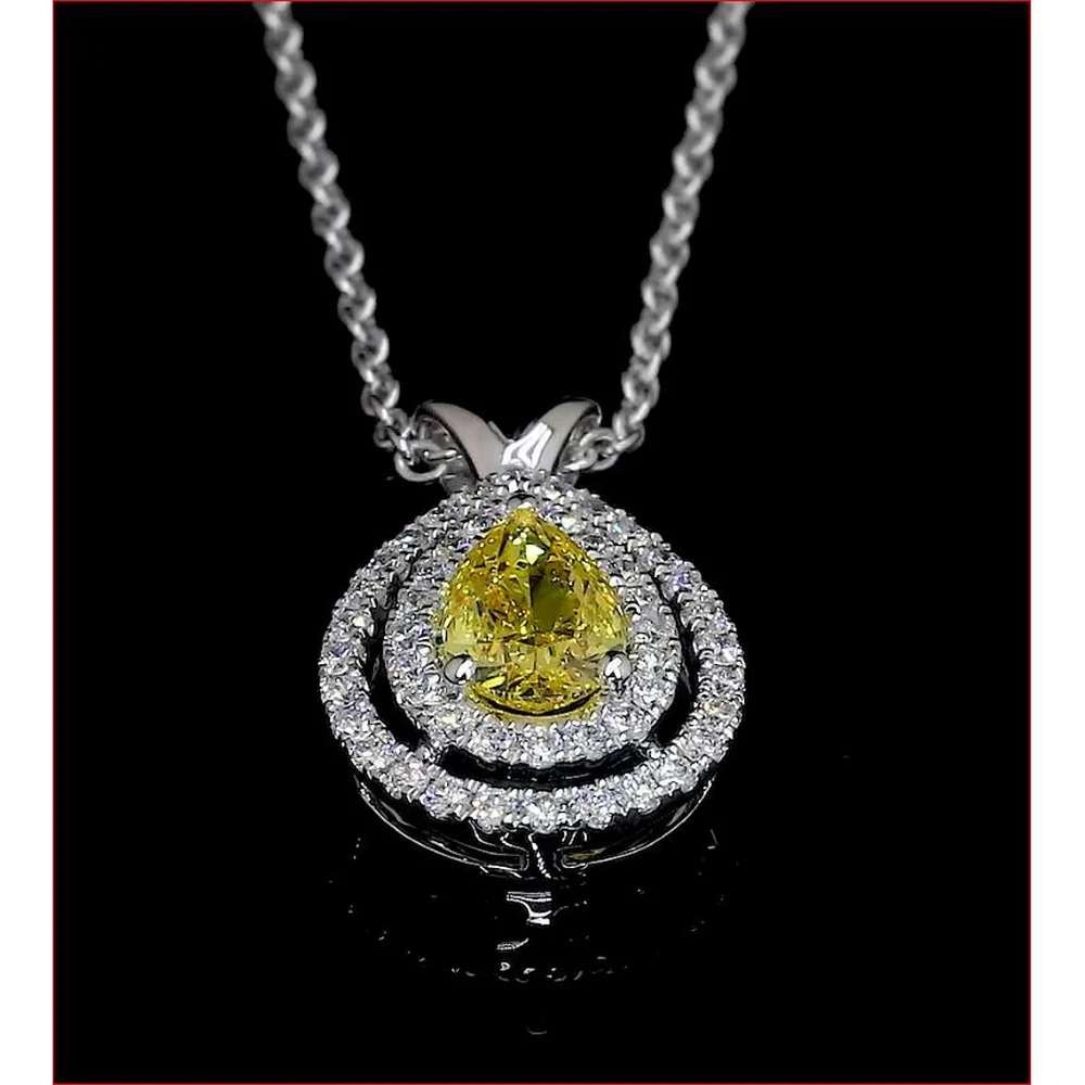 14K White Gold Pear Shape Double Halo Pendant with East-West Set 0.52 Carats Fancy Vivid Yellow Lab Diamond and 0.25 Carats White Diamond Accents - 0.77 Total Carat Weight - Covaloro Fine Jewelry - Image 3