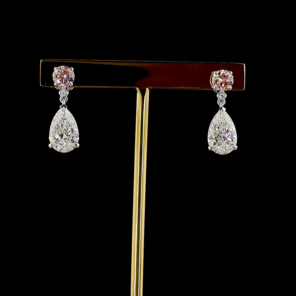 14K White Gold Pear Shape Drop Earrings with Fancy Vivid Pink Lab Diamonds and Brilliant White Accents - 5.09 Carats Total Diamond Weight - Covaloro Fine Jewelry