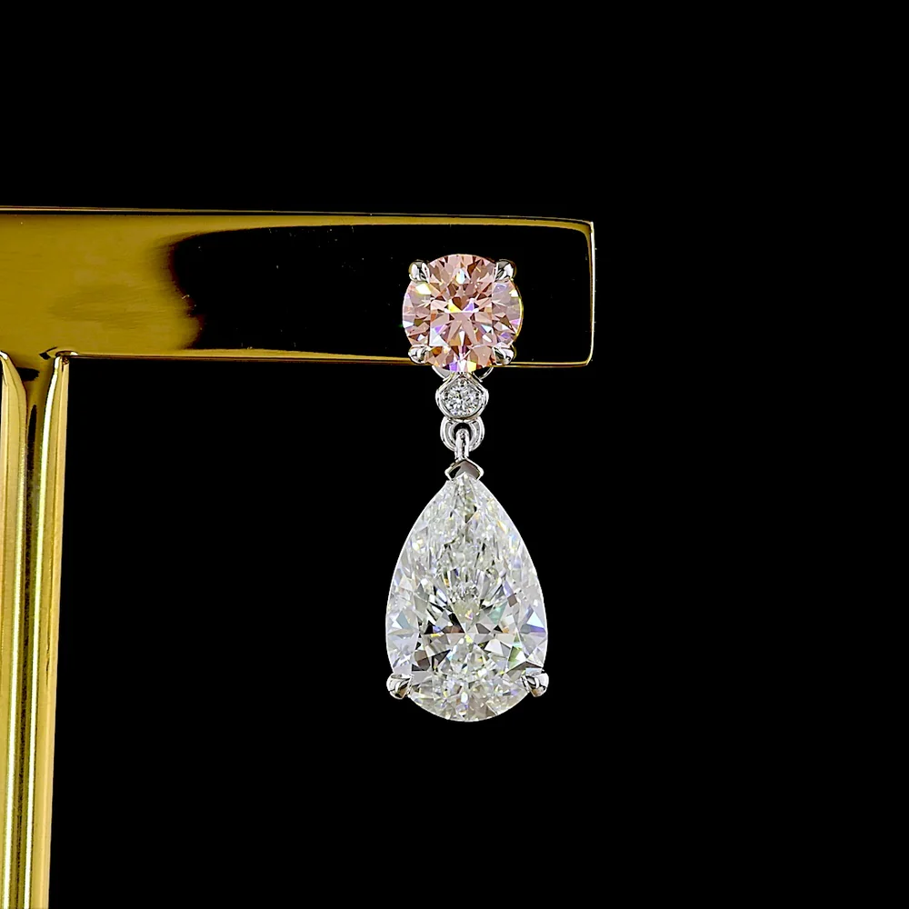 14K White Gold Pear Shape Drop Earrings with Fancy Vivid Pink Lab Diamonds and Brilliant White Accents - 5.09 Carats Total Diamond Weight - Covaloro Fine Jewelry - Image 2