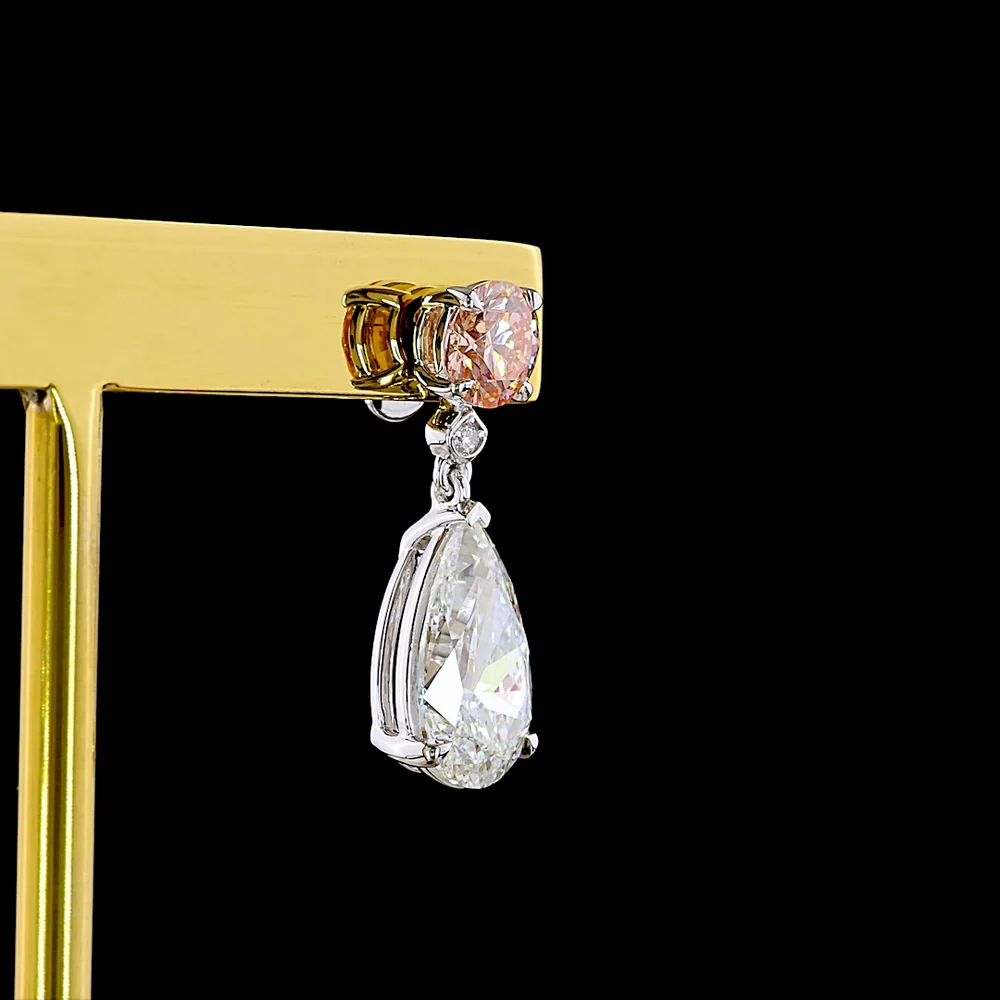 14K White Gold Pear Shape Drop Earrings with Fancy Vivid Pink Lab Diamonds and Brilliant White Accents - 5.09 Carats Total Diamond Weight - Covaloro Fine Jewelry - Image 4