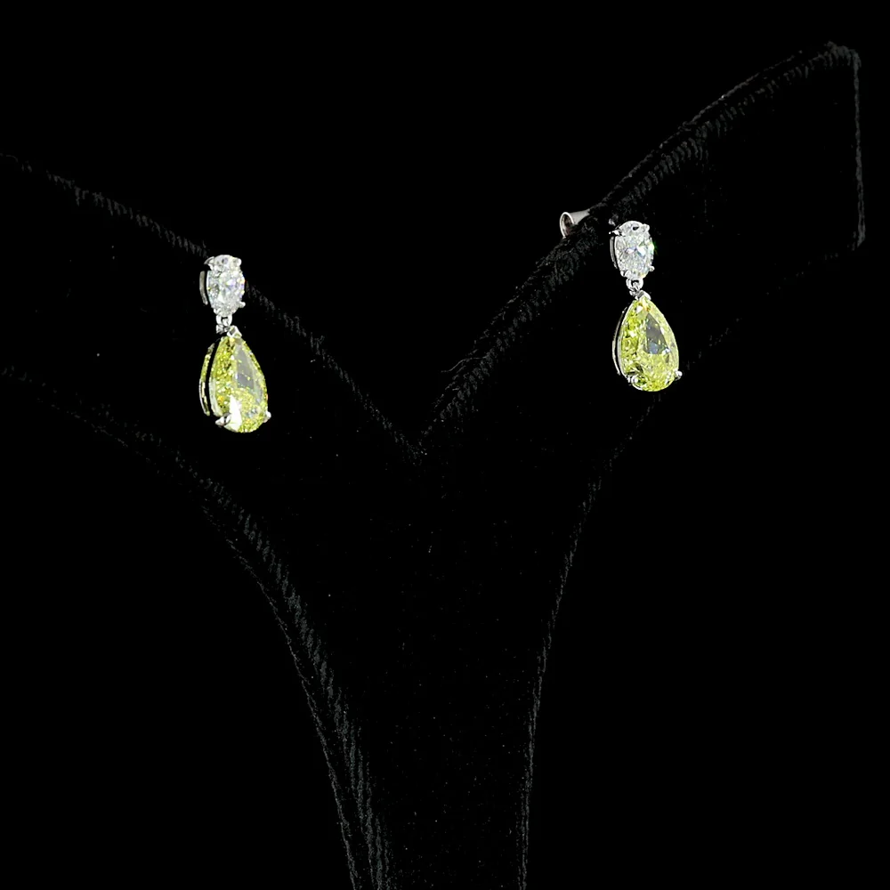 14K White Gold Pear Shape Drop Earrings with Fancy Vivid Yellow Lab Diamonds and Emerald Cut Accents - 2.62 Carats Total Diamond Weight - Covaloro Fine Jewelry