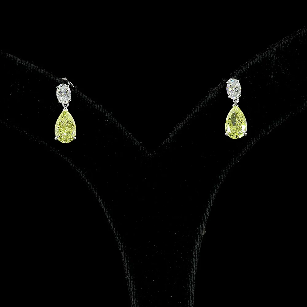 14K White Gold Pear Shape Drop Earrings with Fancy Vivid Yellow Lab Diamonds and Emerald Cut Accents - 2.62 Carats Total Diamond Weight - Covaloro Fine Jewelry - Image 2