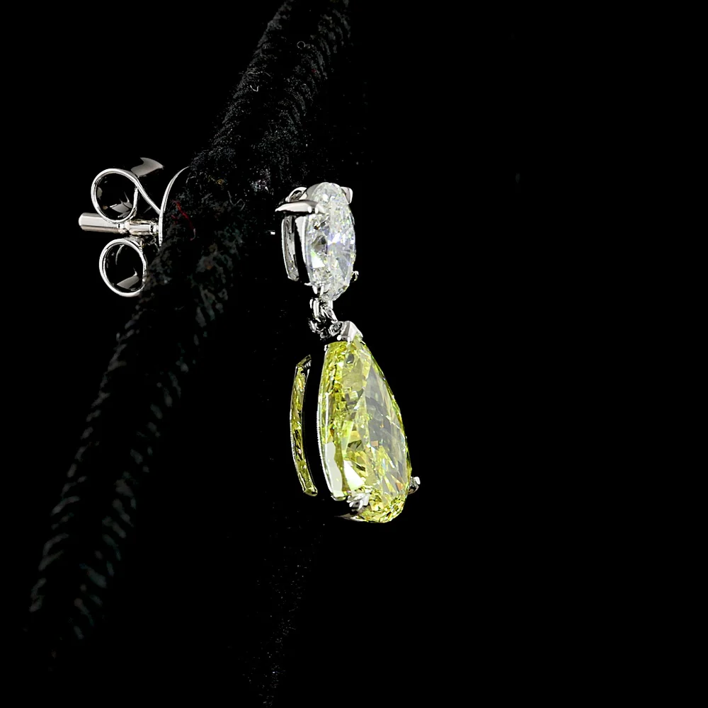 14K White Gold Pear Shape Drop Earrings with Fancy Vivid Yellow Lab Diamonds and Emerald Cut Accents - 2.62 Carats Total Diamond Weight - Covaloro Fine Jewelry - Image 3
