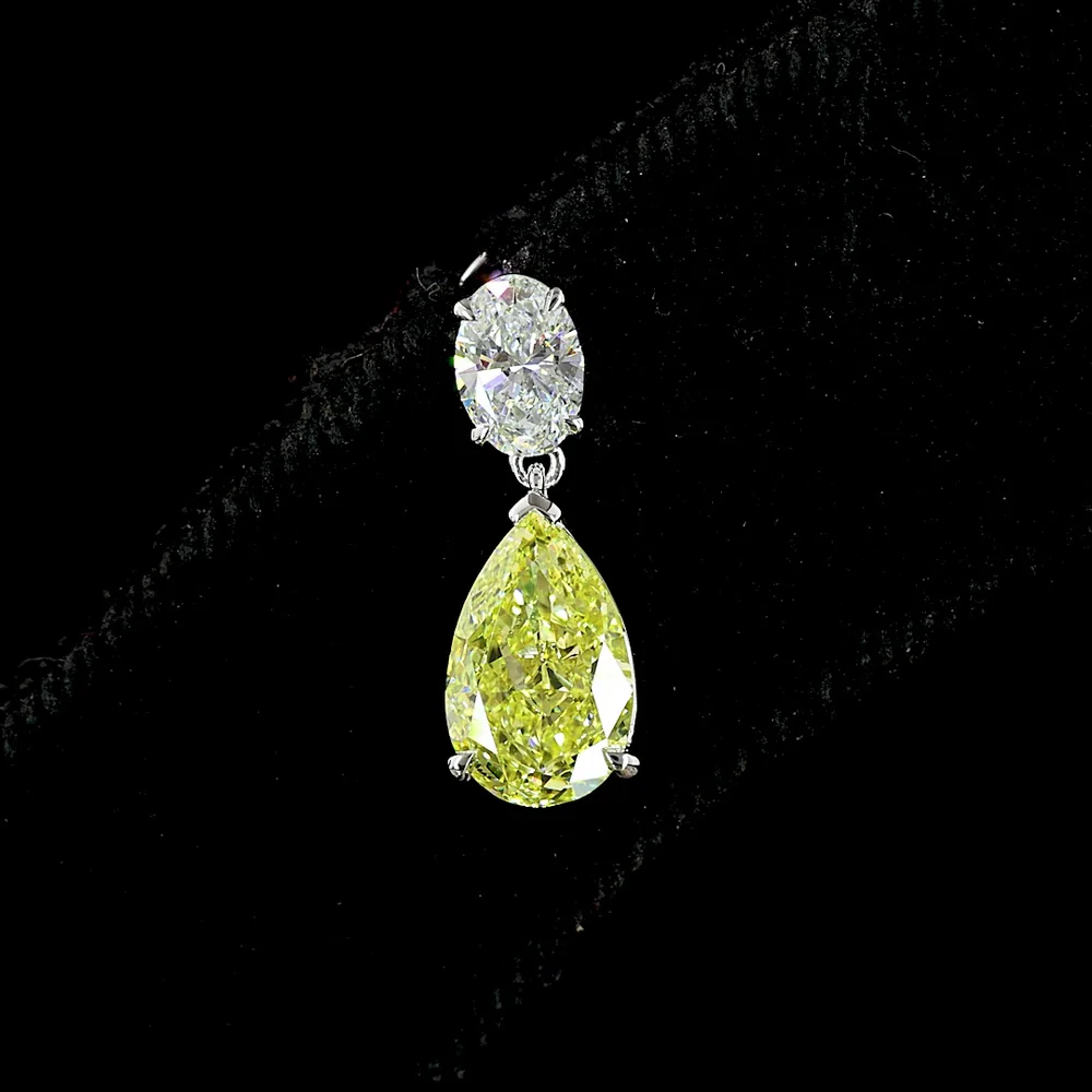 14K White Gold Pear Shape Drop Earrings with Fancy Vivid Yellow Lab Diamonds and Emerald Cut Accents - 2.62 Carats Total Diamond Weight - Covaloro Fine Jewelry - Image 4