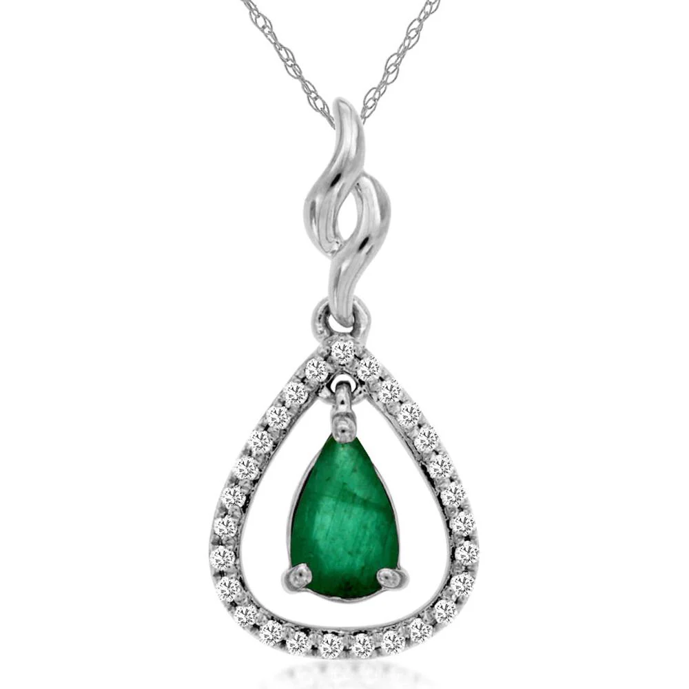 14K White Gold Pear Shape Emerald and Diamond Pendant Necklace - 0.38 Carat Emerald and 0.08 Carat Total Diamond Weight - Royal Jewelry