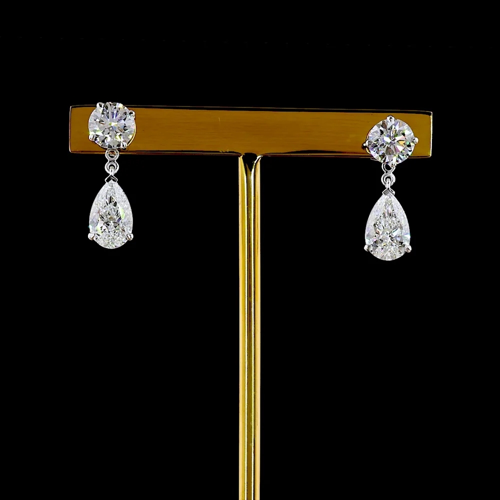 14K White Gold Pear-Shape Hanging Drop Earrings with Brilliant Round Stud and 4.24 Carat Total Weight Lab Diamond E-F VS2 - Covaloro Fine Jewelry