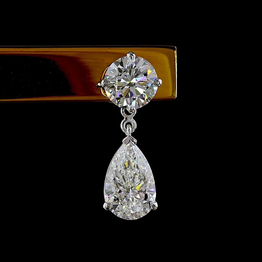 14K White Gold Pear-Shape Hanging Drop Earrings with Brilliant Round Stud and 4.24 Carat Total Weight Lab Diamond E-F VS2 - Covaloro Fine Jewelry - Image 2