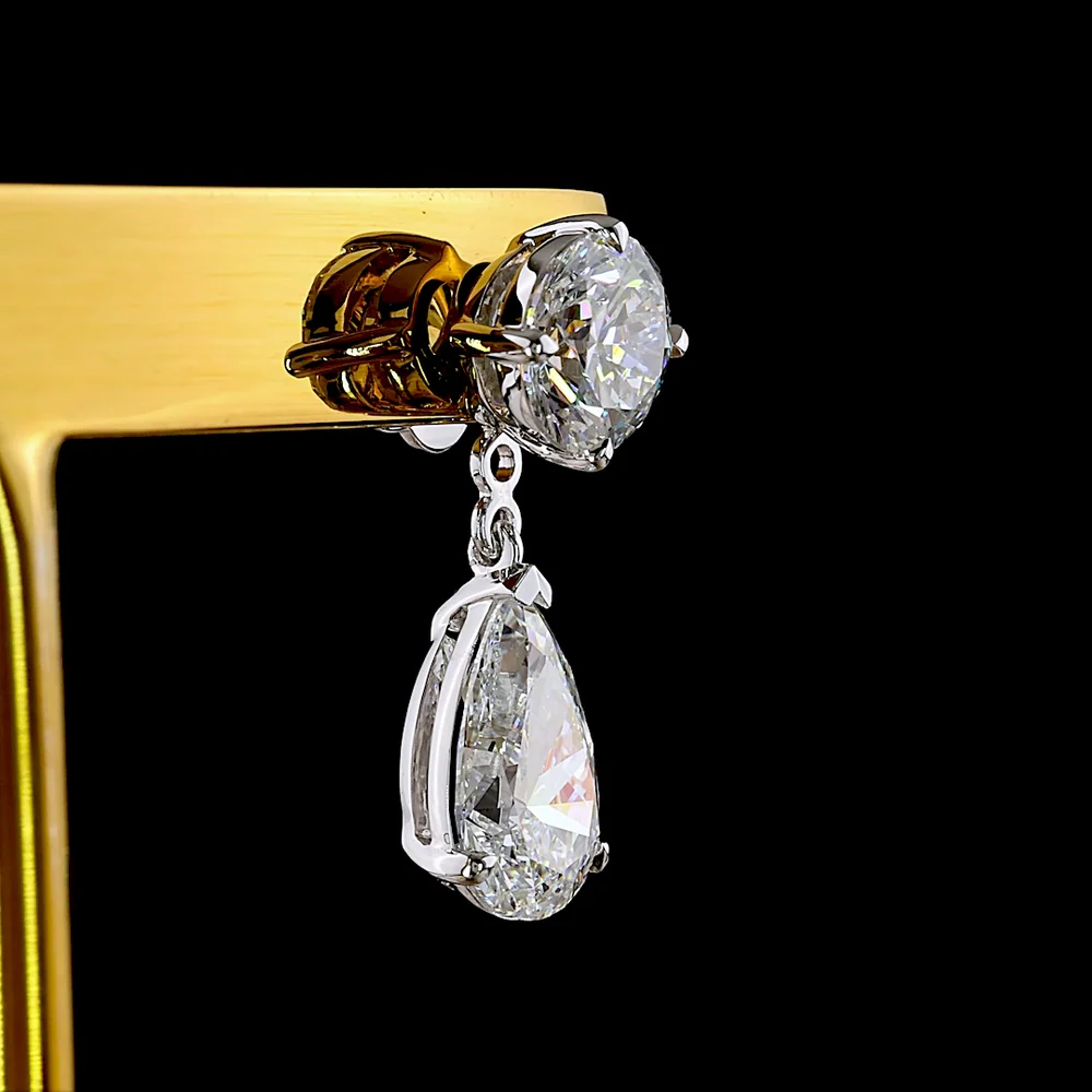 14K White Gold Pear-Shape Hanging Drop Earrings with Brilliant Round Stud and 4.24 Carat Total Weight Lab Diamond E-F VS2 - Covaloro Fine Jewelry - Image 4