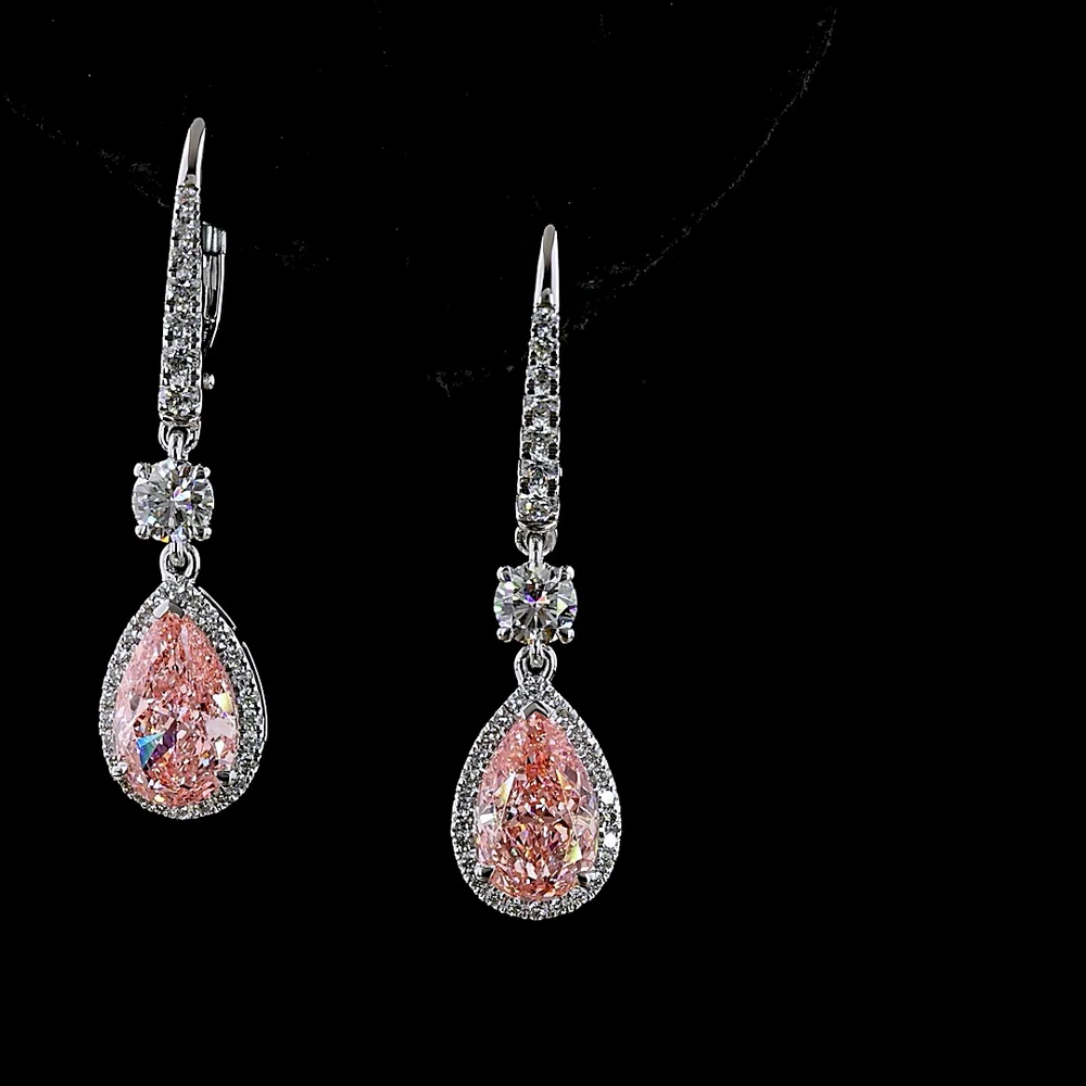 14K White Gold Pear Shape Hanging Earrings with Fancy Vivid Pink Lab-Grown Diamonds and Diamond Halo - 4.05 Carats Total Weight - Covaloro Fine Jewelry - Image 2
