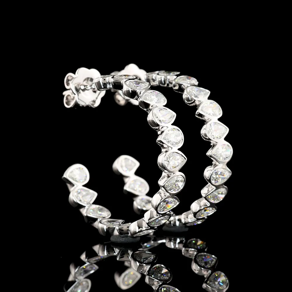 14K White Gold Pear-Shape Lab Diamond C-Hoop Earrings with Bezel Setting - 5.72 Total Carat Weight - Covaloro Fine Jewelry