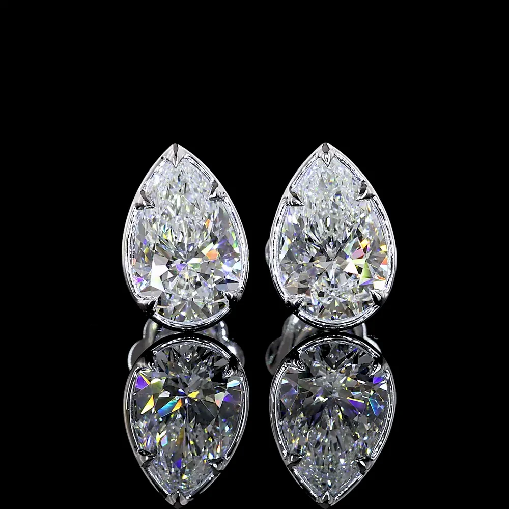 14K White Gold Pear Shape Lab Diamond Stud Earrings with Bezel-Prong Setting and Milgrain Detail - 3.04 Carat Total Weight, E Color VS1 Clarity - Covaloro Fine Jewelry - Image 2