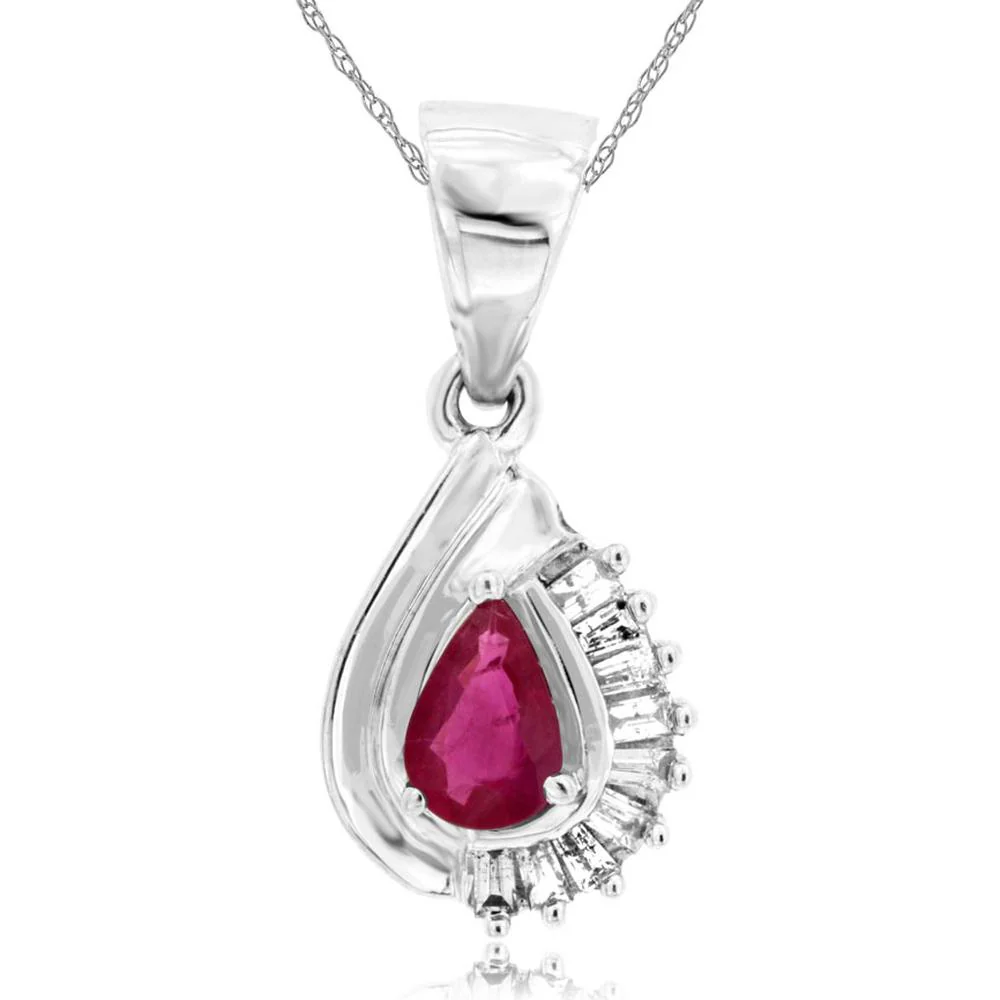 14K White Gold Pear Shape Ruby and Round Diamond Pendant - 0.50 Carats Ruby, 0.15 Carats Diamond - Royal Jewelry