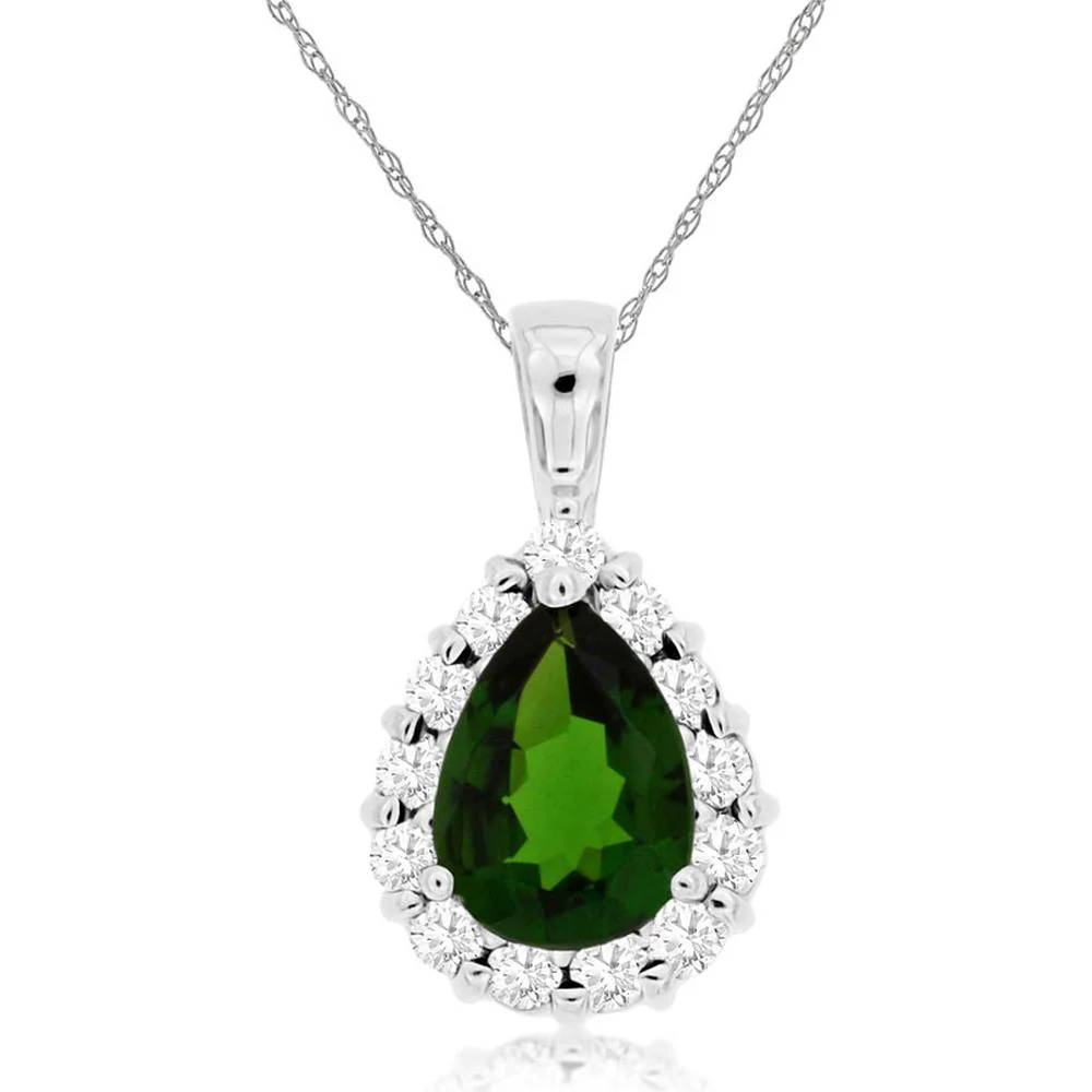 14K White Gold Pear Shape Russalite and Diamond Halo Pendant with 1.15 Carat Russalite and 0.30 Carat Total Diamond Weight - Royal Jewelry