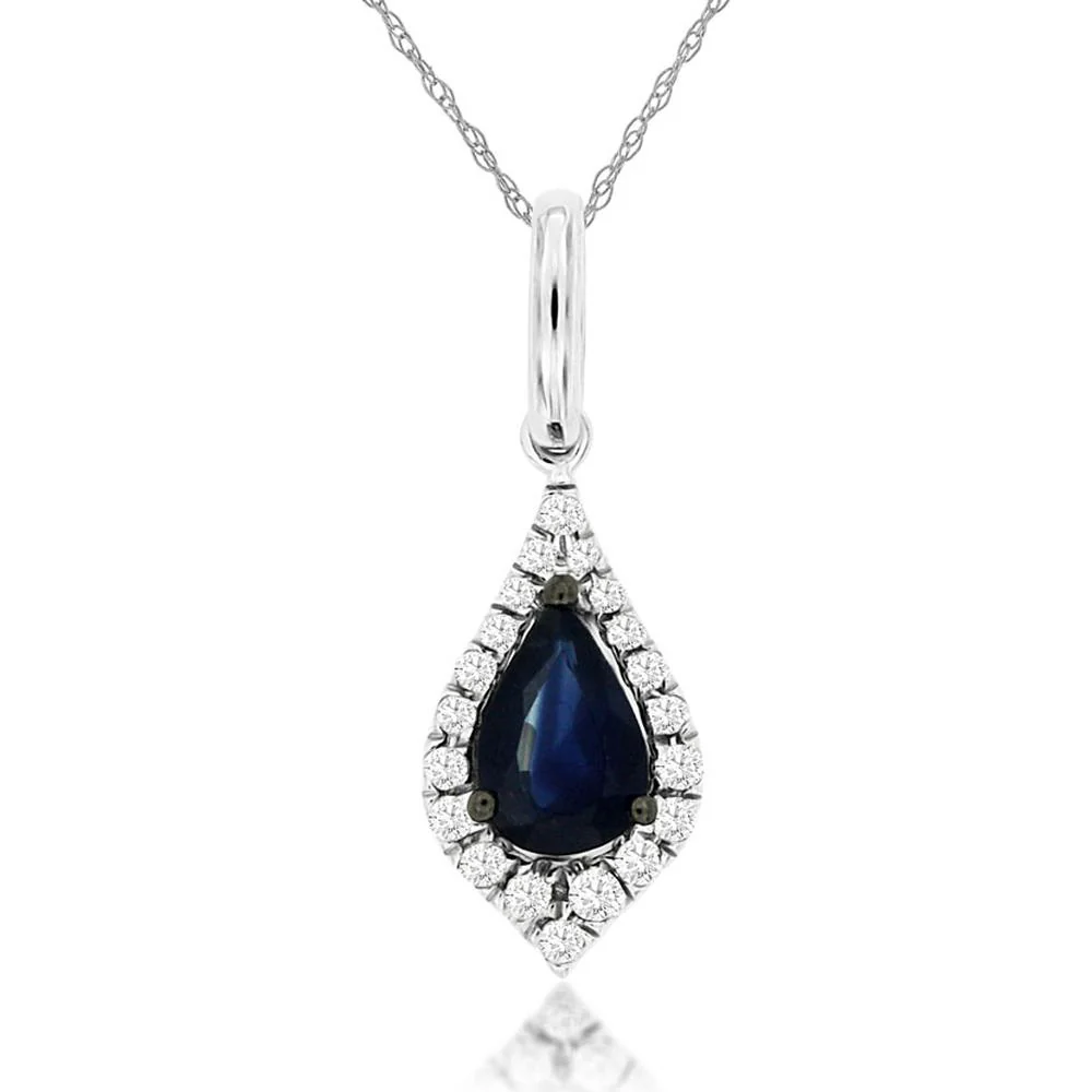14K White Gold Pear Shape Sapphire and Diamond Halo Pendant with 0.52 Carat Sapphire and 0.10 Carat Total Diamond Weight - Royal Jewelry