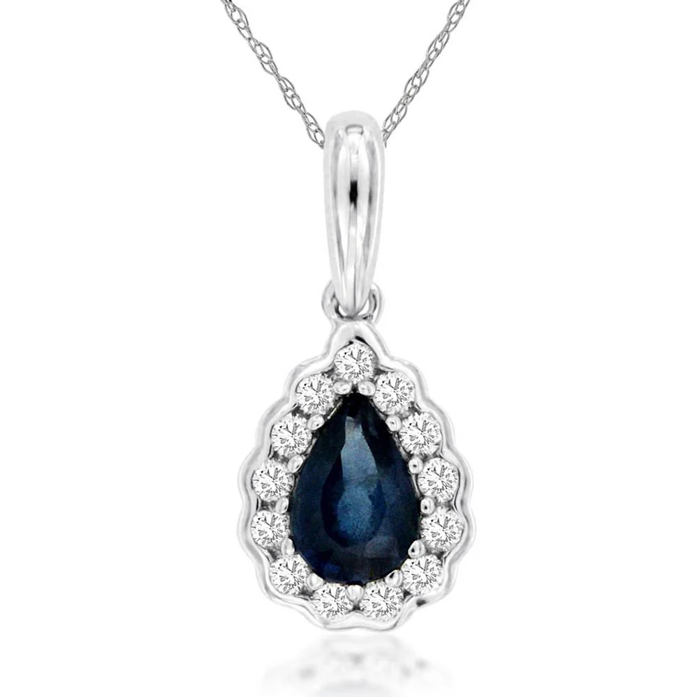 14K White Gold Pear Shape Sapphire Pendant with Round Diamond Halo - 0.52 Carat Sapphire and 0.14 Carat Total Diamond Weight - Royal Jewelry