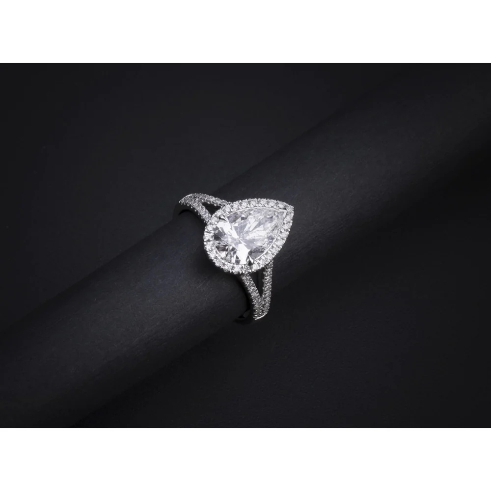 14K White Gold Pear Shape Split Shank Ring with Halo and Accented Band featuring 3.07 Carats Lab Diamond Center, 0.66 Carats Lab Diamond Side Stones - GIA Certified - Covaloro Fine Jewelry - Image 2