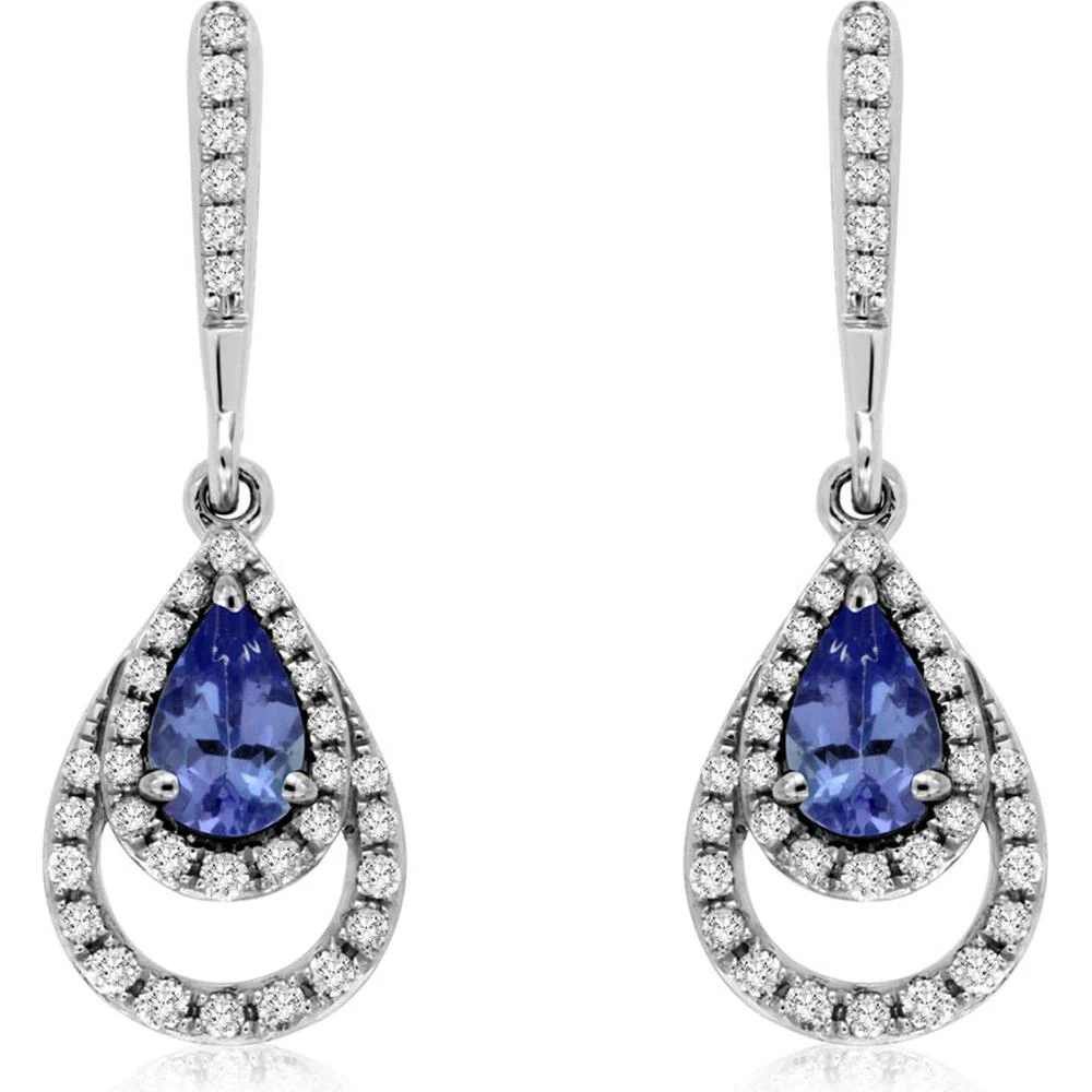 14K White Gold Pear Shape Tanzanite and Diamond Halo Drop Earrings - 0.40 Carat Total Tanzanite Weight, 0.20 Carat Total Diamond Weight - Royal Jewelry