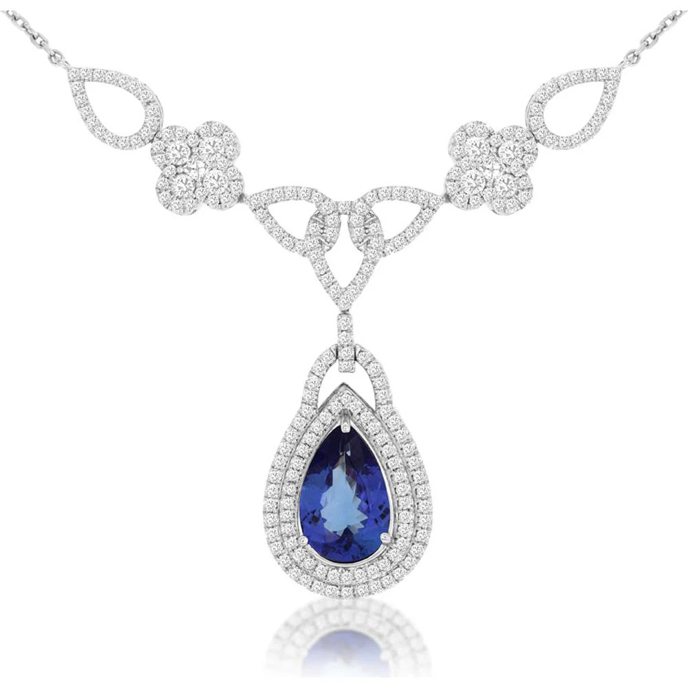 14K White Gold Pear Shape Tanzanite and Diamond Necklace - 2.65 Carat Tanzanite and 1.80 Carat Total Diamond Weight - Royal Jewelry