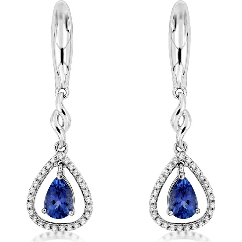 14K White Gold Pear Shape Tanzanite Drop Earrings with Diamond Halo Accents - 0.85 Carat Total Tanzanite Weight & 0.15 Carat Total Diamond Weight - Royal Jewelry