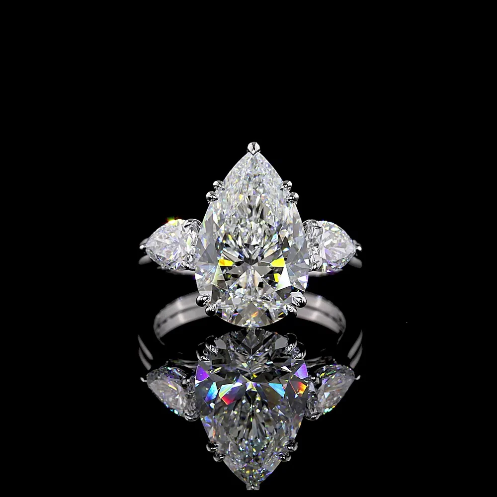 14K White Gold Pear Shape Three Stone Ring with 5.03 Carat Center Lab Diamond and 0.90 Carat Side Lab Diamonds - 5.93 Carat Total Weight, IGI Certified E-F VS1 - Covaloro Fine Jewelry