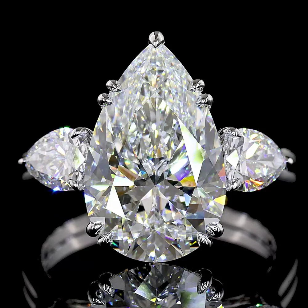 14K White Gold Pear Shape Three Stone Ring with 5.03 Carat Center Lab Diamond and 0.90 Carat Side Lab Diamonds - 5.93 Carat Total Weight, IGI Certified E-F VS1 - Covaloro Fine Jewelry - Image 2