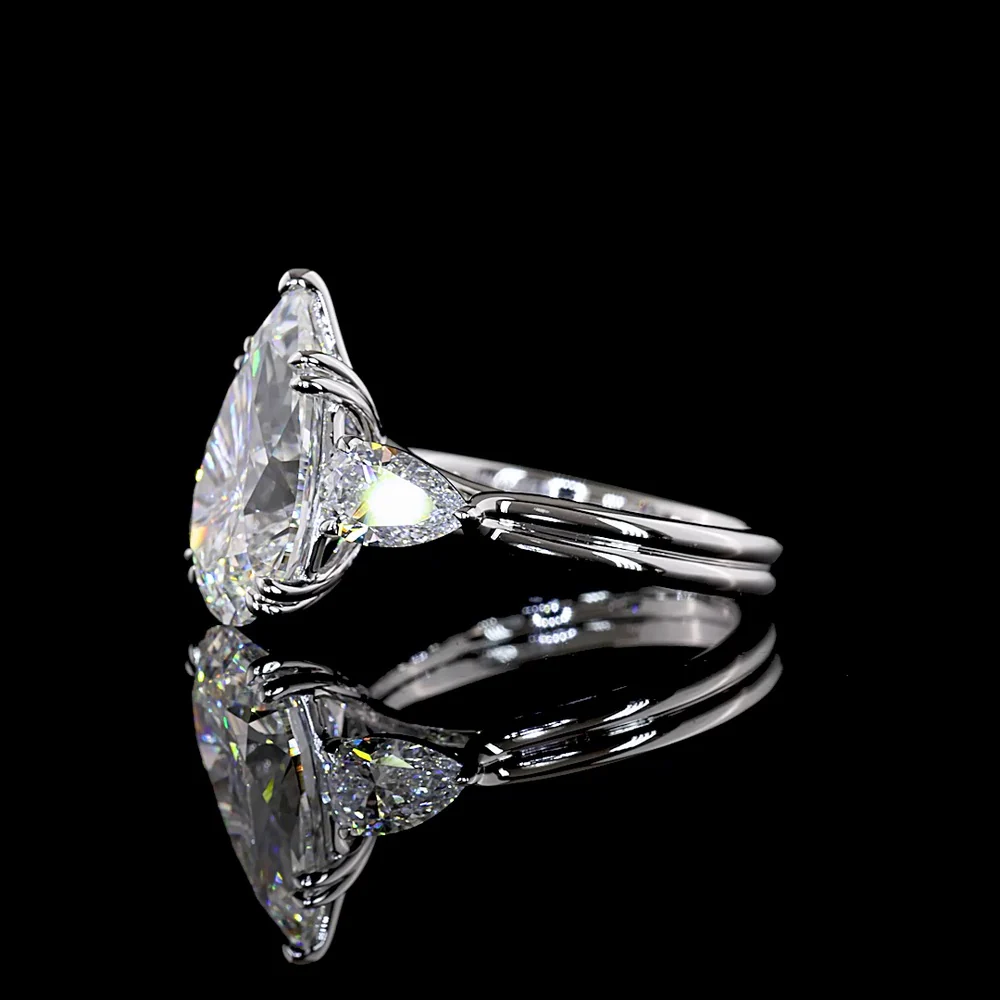 14K White Gold Pear Shape Three Stone Ring with 5.03 Carat Center Lab Diamond and 0.90 Carat Side Lab Diamonds - 5.93 Carat Total Weight, IGI Certified E-F VS1 - Covaloro Fine Jewelry - Image 4