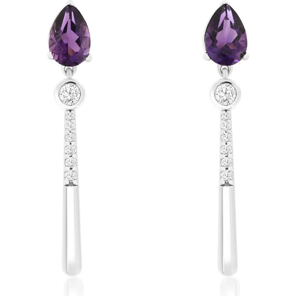 14K White Gold Pear-Shaped Amethyst and Diamond Drop Earrings - 0.80 Carat Total Amethyst Weight, 0.14 Carat Total Diamond Weight - Royal Jewelry