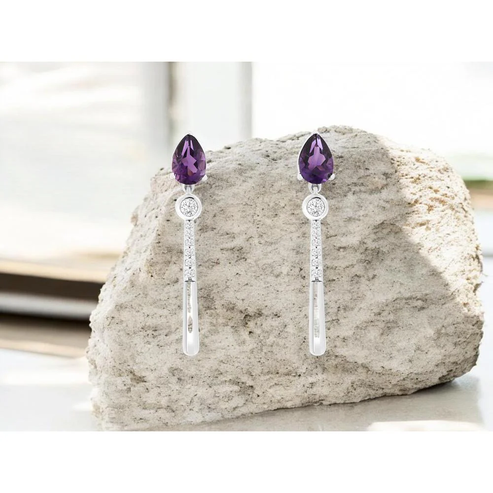 14K White Gold Pear-Shaped Amethyst and Diamond Drop Earrings - 0.80 Carat Total Amethyst Weight, 0.14 Carat Total Diamond Weight - Royal Jewelry - Image 2
