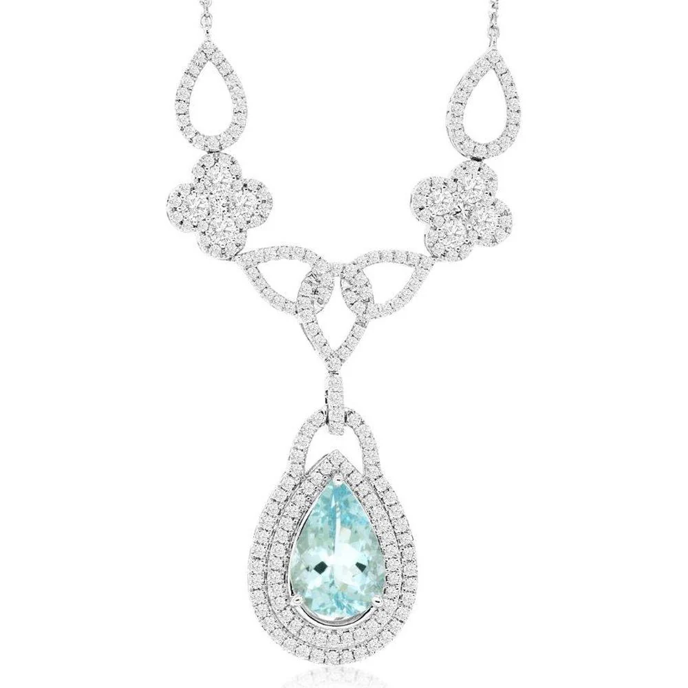 14K White Gold Pear-Shaped Aquamarine and Diamond Double Halo Pendant Necklace - 2.35 Carat Aquamarine and 1.80 Carat Diamonds - Royal Jewelry