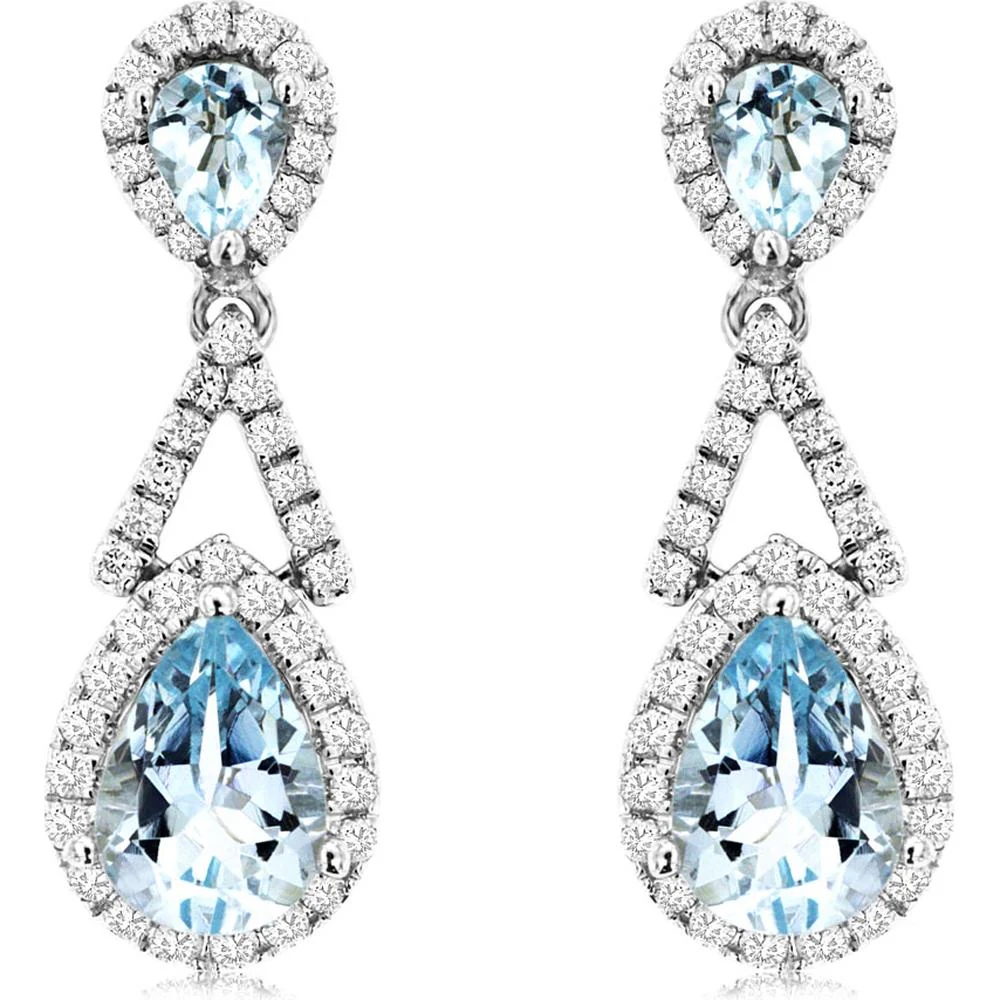 14K White Gold Pear-Shaped Aquamarine and Diamond Halo Drop Earrings - 1.95 Carat Total Gem Weight - Royal Jewelry