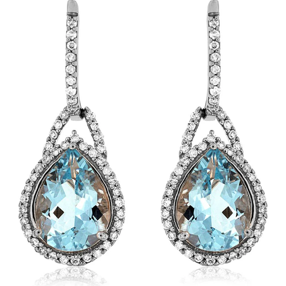 14K White Gold Pear-Shaped Aquamarine and Diamond Halo Drop Earrings - 3.10 Carat Total Aquamarine Weight, 0.40 Carat Total Diamond Weight - Royal Jewelry