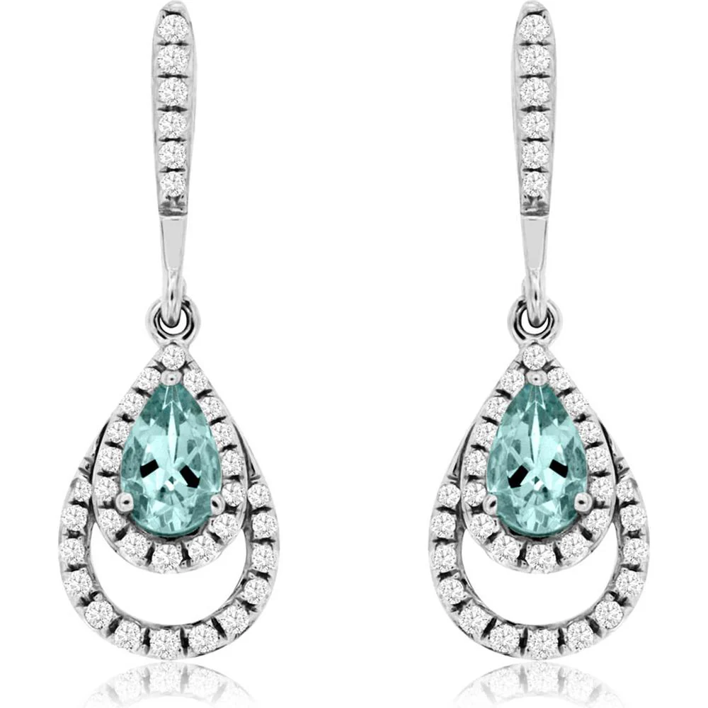14K White Gold Pear-Shaped Aquamarine and Diamond Halo Drop Earrings with Pave Lever Backs - 0.32 Carat Total Aquamarine Weight, 0.20 Carat Total Diamond Weight - Royal Jewelry