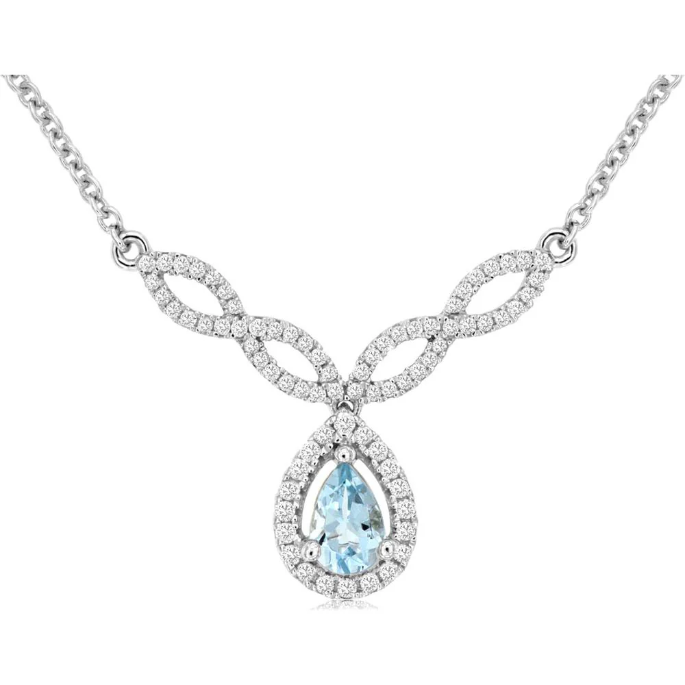 14K White Gold Pear Shaped Aquamarine and Diamond Halo Necklace with Leaf Motif Accents - 0.35 Carat Aquamarine and 0.25 Carat Total Diamond Weight - Royal Jewelry