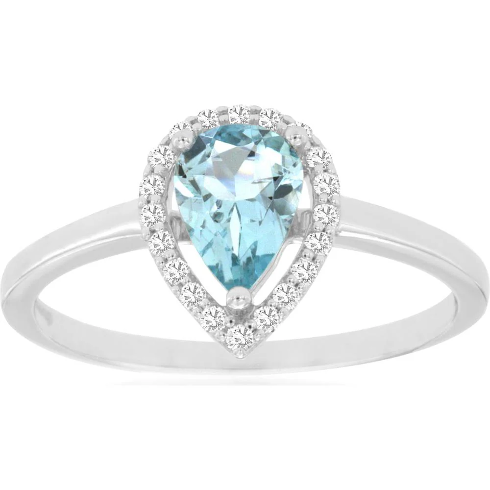 14K White Gold Pear-Shaped Aquamarine and Diamond Halo Ring - 0.65 Carat Aquamarine, 0.12 Carat Total Diamond Weight - Royal Jewelry
