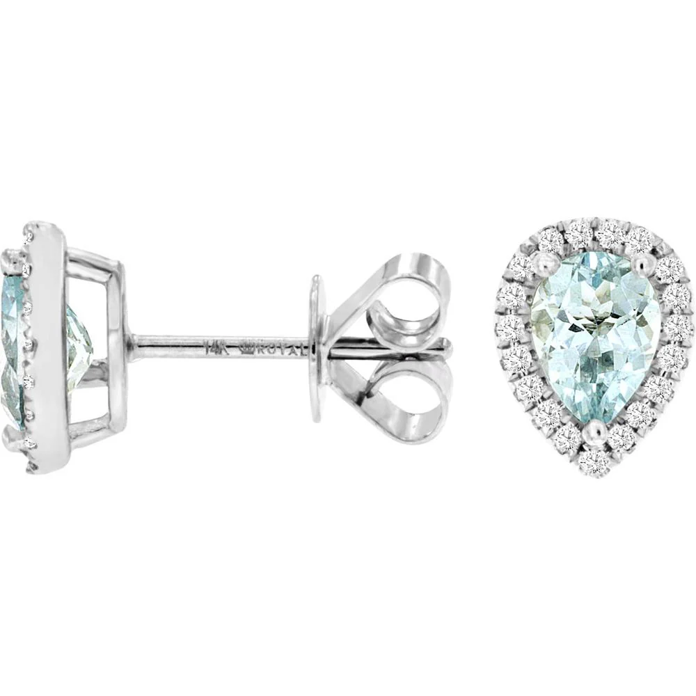 14K White Gold Pear-Shaped Aquamarine and Diamond Halo Stud Earrings - 1.30 Carat Total Aquamarine Weight, 0.20 Carat Total Diamond Weight - Royal Jewelry