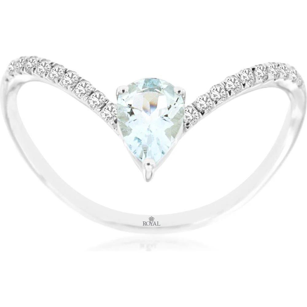 14K White Gold Pear-Shaped Aquamarine Ring with Diamond Accented Chevron Band - 0.35 Carat Aquamarine, 0.14 Carat Total Diamond Weight - Royal Jewelry