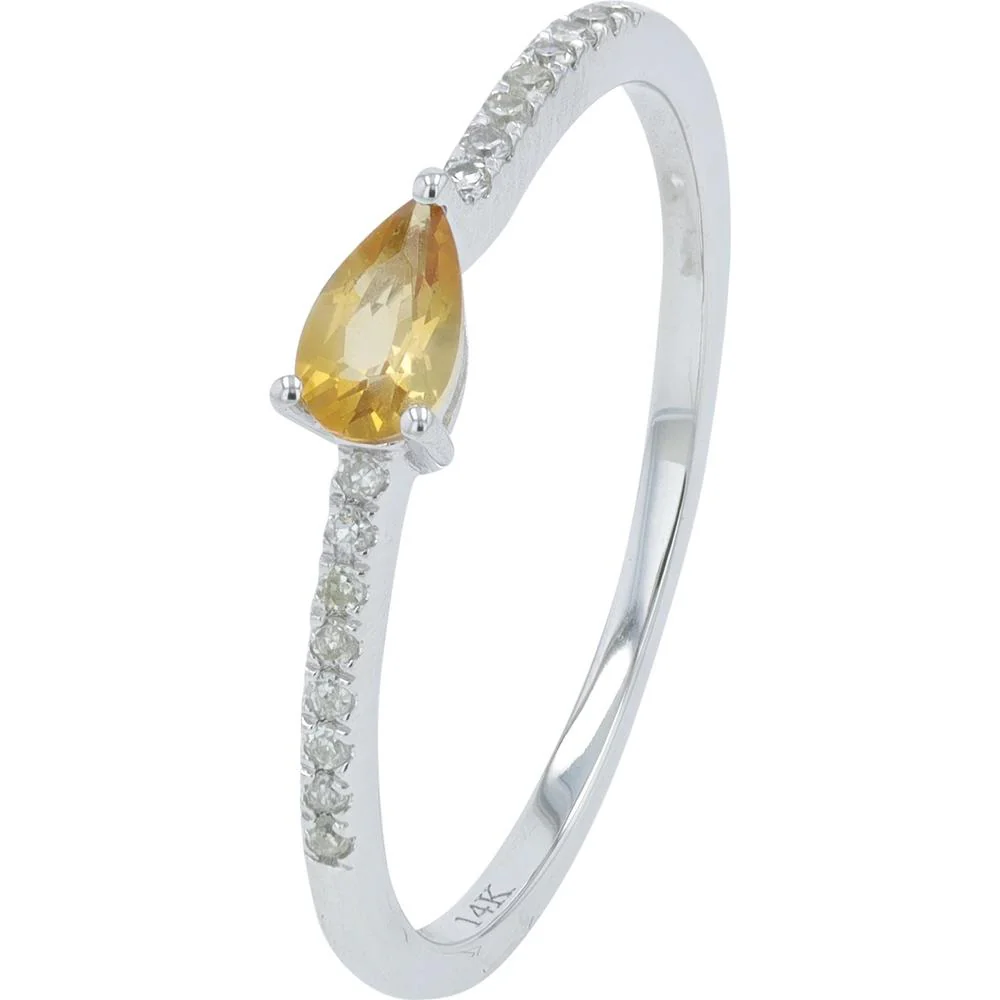 14K White Gold Pear - Shaped Citrine Ring with 0.12 Carat Diamond Accents - 0.16 - 0.20 Carat Total Citrine Weight