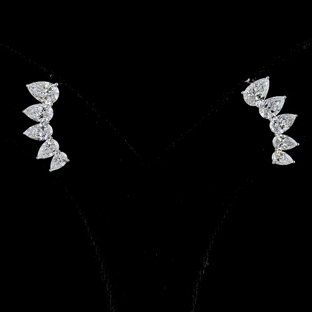 14K White Gold Pear-Shaped Diamond Crawler Earrings with Graduated Lab-Grown E-F VS Stones - 2.68 Carats Total Diamond Weight - Covaloro Fine Jewelry