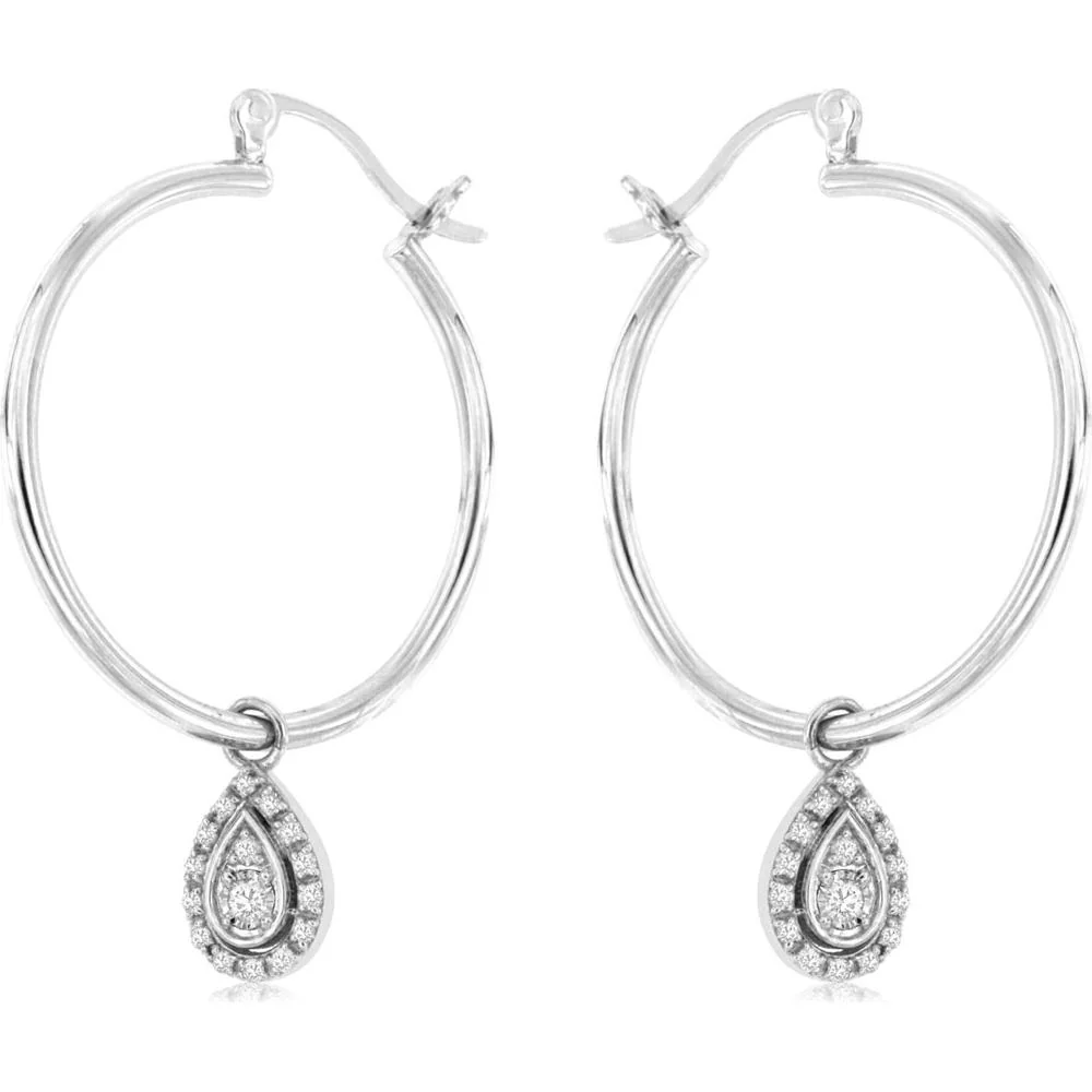 14K White Gold Pear Shaped Diamond Halo Drop Earrings - 0.16 Carats Total Diamond Weight - Royal Jewelry