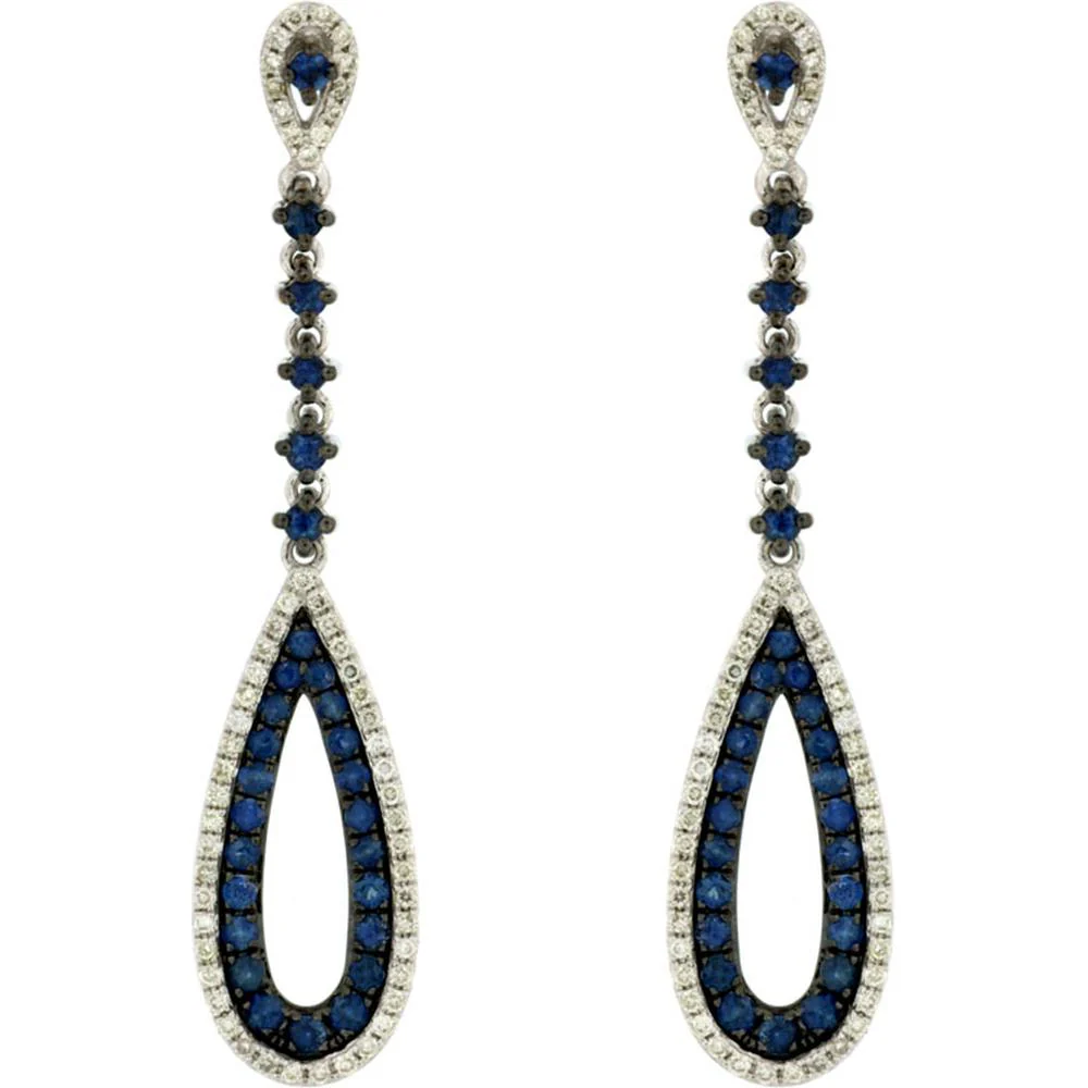 14K White Gold Pear-Shaped Drop Earrings with Round Sapphires and Diamond Halos - 0.88 Carat Total Sapphire Weight, 0.34 Carat Total Diamond Weight - Royal Jewelry