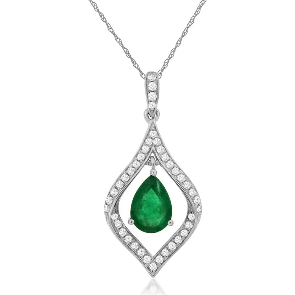 14K White Gold Pear-Shaped Emerald and Diamond Halo Pendant - 0.68 Carat Emerald, 0.17 Carat Diamonds - Royal Jewelry
